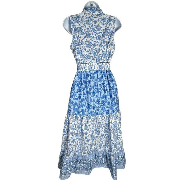 CeCe Women’s Blue White Floral Ruffle belted Midi Dress Size Small 100% Cotton - Picture 7 of 13